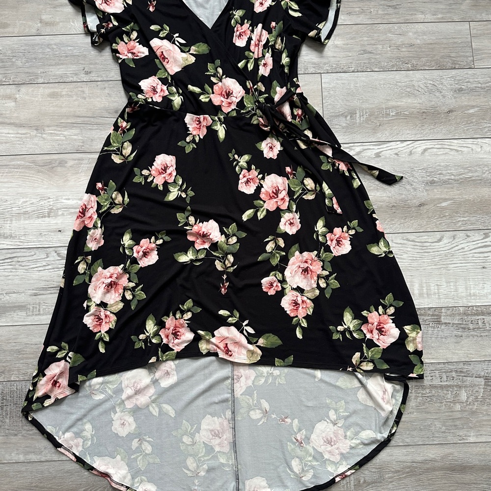 Floral High-Low Wrap Dress in Black and Pink